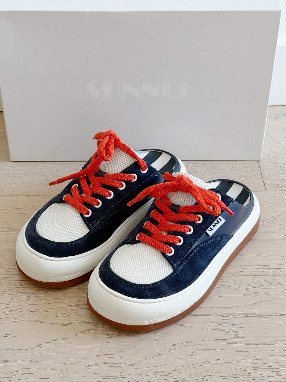 Sunnei Dreamy Sabot Slip-on Sneakers in Blue & White with Orange Laces